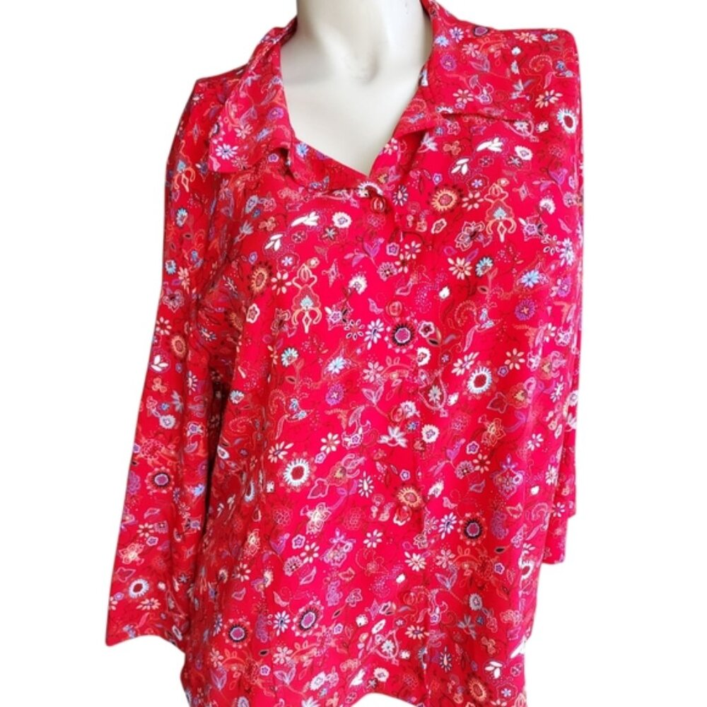 Christopher and Banks Size XL Women's Floral 3/4 Sleeve Red Button Down Top - Picture 7 of 16